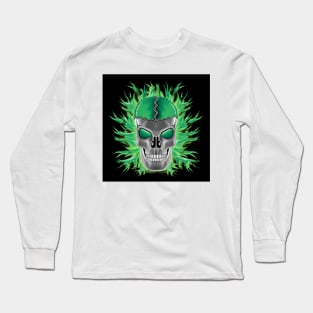 Green Skull with Flames Long Sleeve T-Shirt